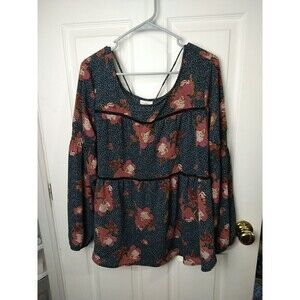 Womens Peasant Blouse Size L Black Floral KNOX ROSE Top Long Sleeve Boho